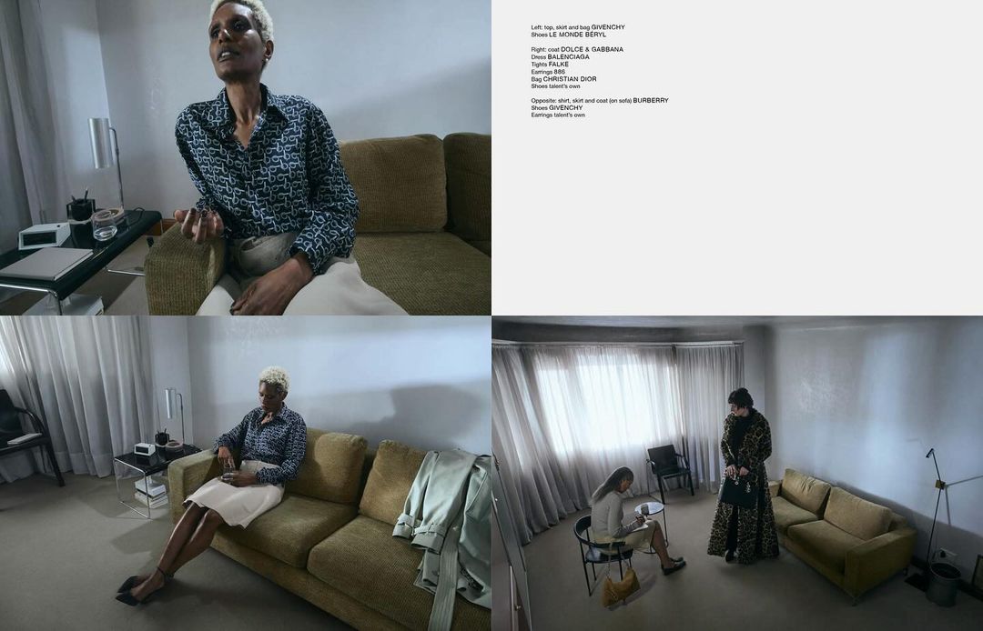 Fashion editorial shot of three adult women in a neutral indoor setting with mid-century modern furniture and daylight lighting.