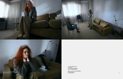 Four-panel editorial layout featuring models in a living room setting and a text credits page by photographer Alice Schillaci