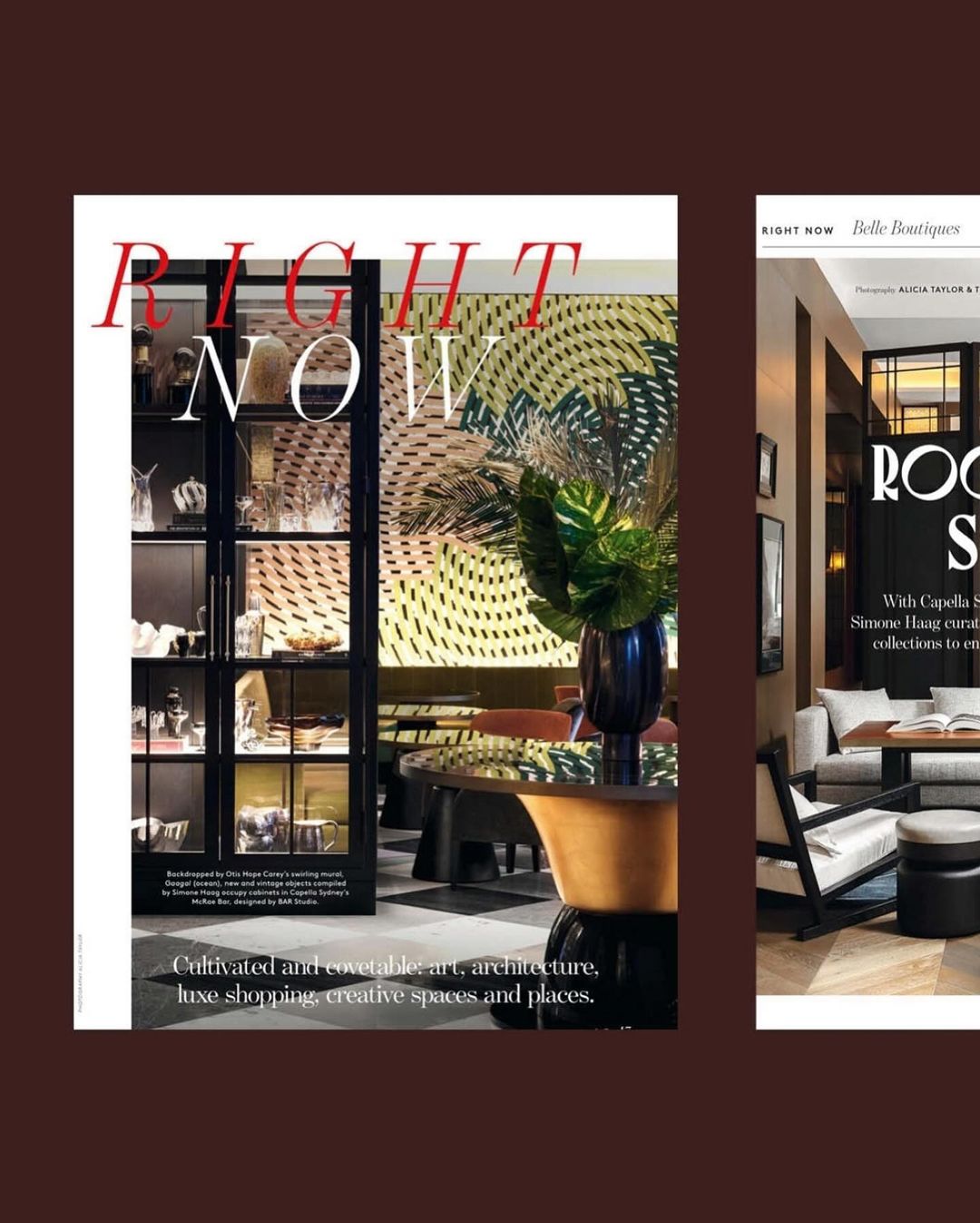 Interior design magazine layout featuring modern furniture, art, and stylish decor, showcased on a brown background with bright text.