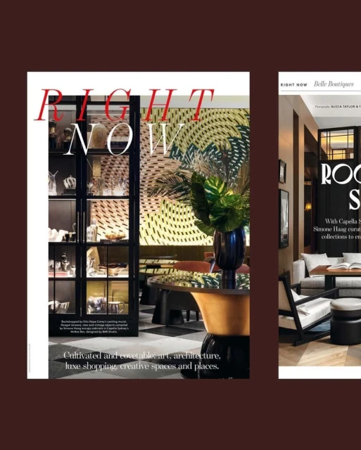 Interior design magazine layout featuring modern furniture, art, and stylish decor, showcased on a brown background with bright text.