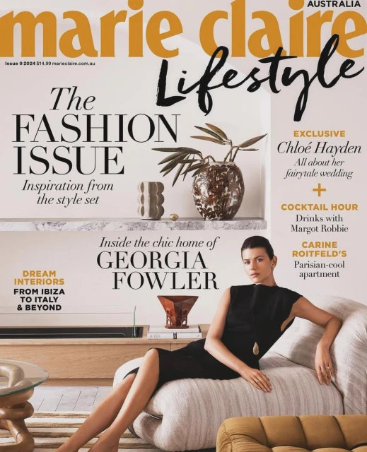 Marie Claire Australia magazine cover featuring Georgia Fowler in black dress on sofa, promoting fashion and lifestyle content.