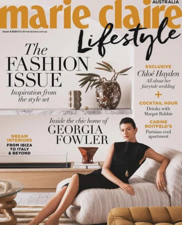 Marie Claire Australia magazine cover featuring Georgia Fowler in black dress on sofa, promoting fashion and lifestyle content.