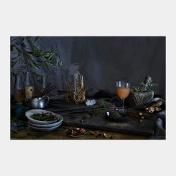 Still life arrangement with glassware, herbs, stone mortar, and botanical specimens on a dark slate surface.