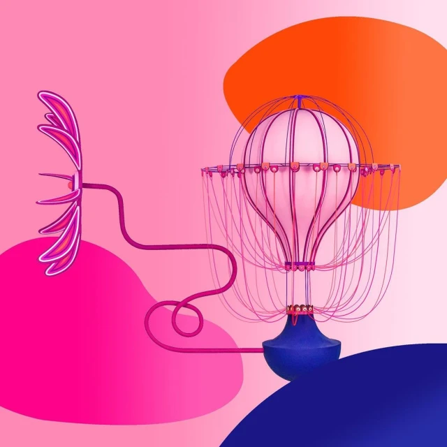Digital art of a hot air balloon with pink wings and a blue base against pink, orange, and blue abstract background elements.