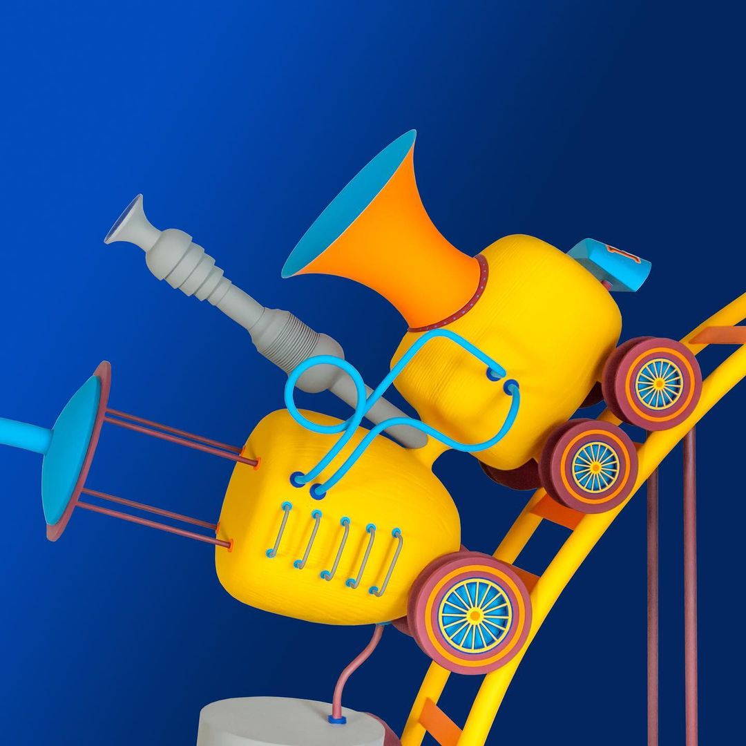 Whimsical yellow toy train with colorful accents on a yellow track against a gradient blue background; cute, playful and fun.