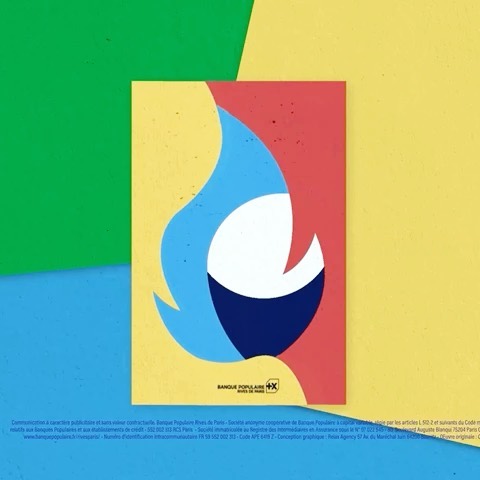 Abstract graphic with Banco Populaire logo on multi-colored background with yellow, blue, green, and red segments forming geometric shapes.