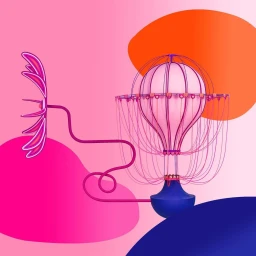 Surreal digital illustration of a pink hot air balloon connected to a flower-like structure against a vibrant pink and orange abstract background