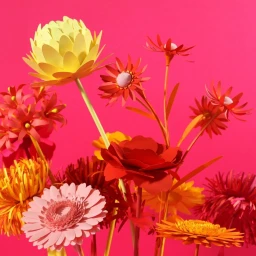 Vibrant paper flower sculpture with yellow, red, and pink blooms arranged against a solid bright pink background.