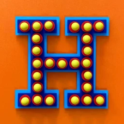 A 3D sculptural letter H in blue and red with yellow spheres on an orange background.
