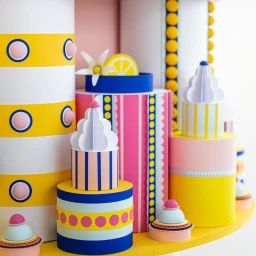 Colorful paper art sculpture with cylindrical columns, yellow stripes, pink patterns, and miniature tiered pastry models.