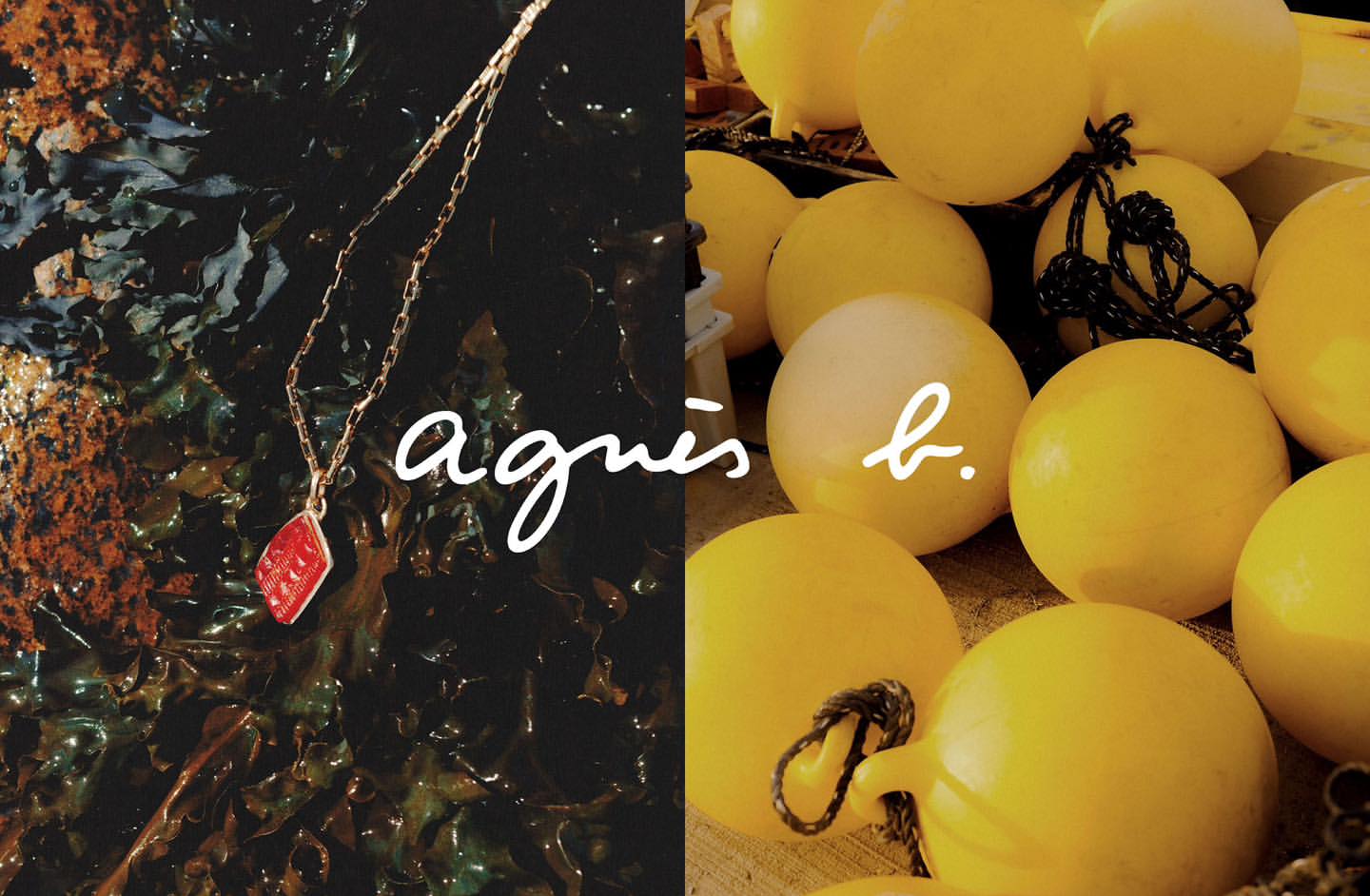 A close-up product shot showcases an Agnes B necklace against a backdrop of dark seaweed and bright yellow buoys.