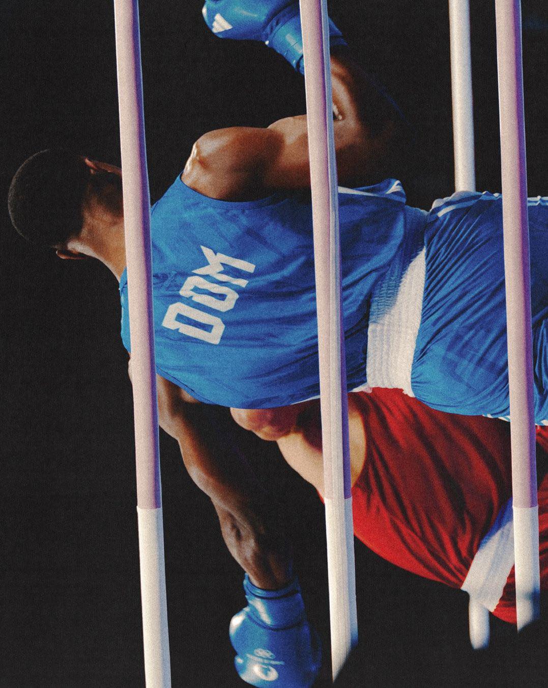 Boxer in blue gear with 'DOM' on the back, seen through vertical bars, action shot in boxing ring, dynamic composition, red opponent visible.