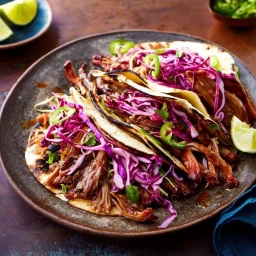 Close-up of pulled pork tacos garnished with shredded red cabbage, sliced jalapeños, and cilantro on a dark plate.