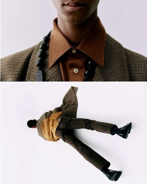 Stylized fashion shot: cropped view of a person in a brown suit and beaded necklace, contrasted with a full-body shot in the same attire.