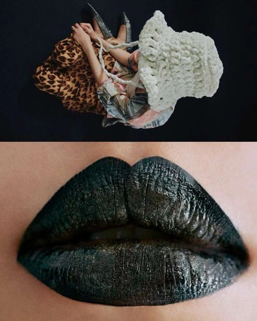 Fashion editorial shot of a person in patterned clothes, accessories, and black lipstick against a dark background. Close-up of black lipstick.