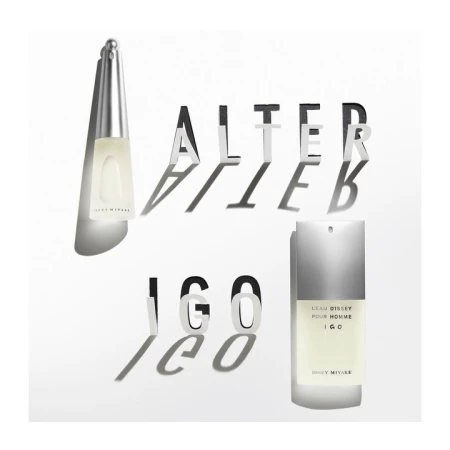Still-life shot of two Issey Miyake L'Eau d'Issey Pour Homme IGO fragrance bottles against a white background with dimensional lettering.