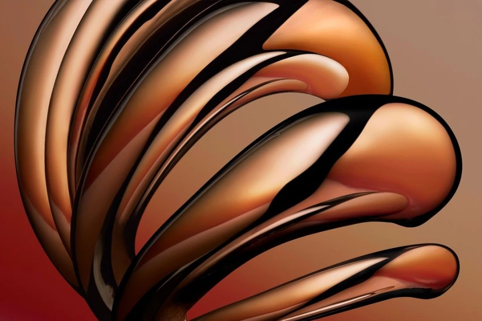Abstract curved glass art with a copper and brown gradient background, showcasing smooth lines and reflective surfaces in a studio setting.