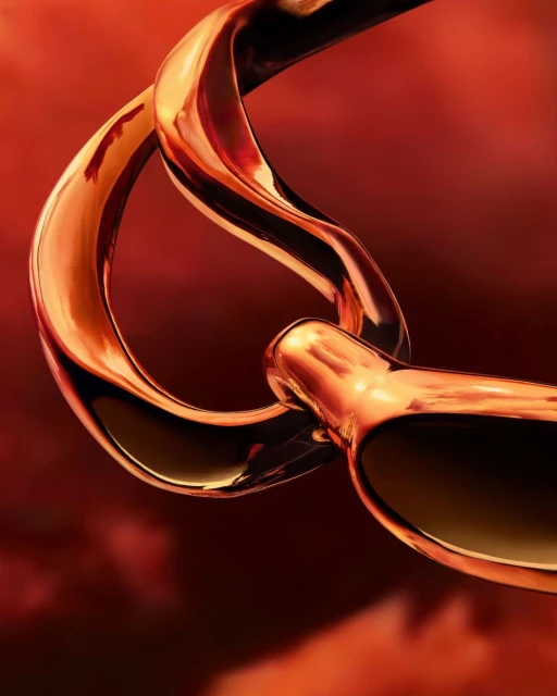 Abstract close-up of a polished copper-colored chain link against a blurred red-brown background, creating a warm, metallic aesthetic.
