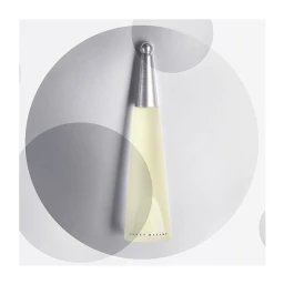 Tall conical perfume bottle with a silver cap placed vertically against a grey textured background with overlapping circular geometric shapes.