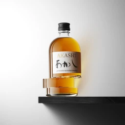 Glass bottle of Akashi Japanese blended whisky resting on a black shelf against a gradient white wall