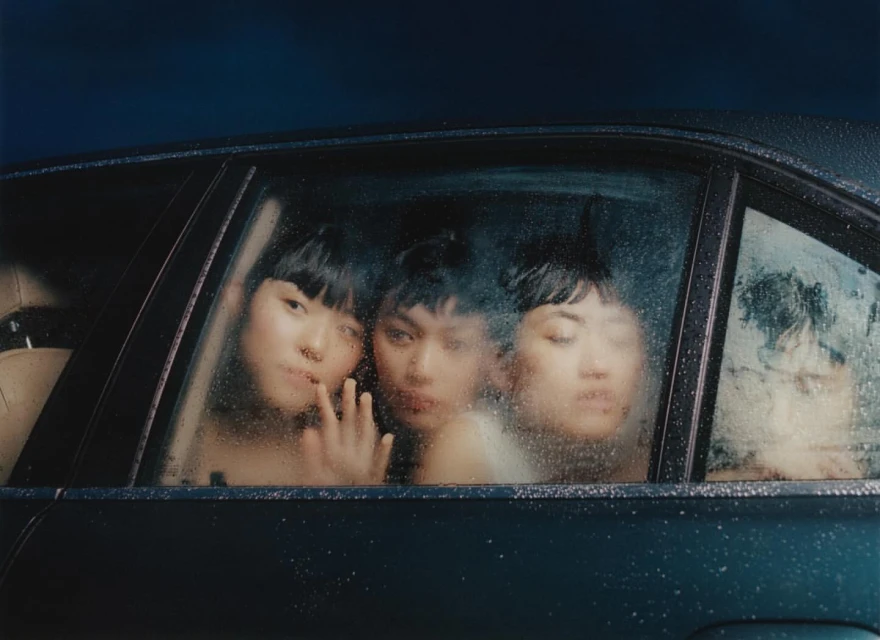 Three young women are seen through a rain-splattered car window, creating a soft and blurred effect in the indoor setting.