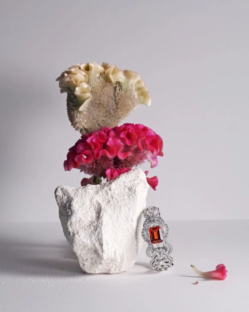 Still life featuring a diamond bracelet with an orange gemstone, white rock, and pink and white celosia flowers against a white background.