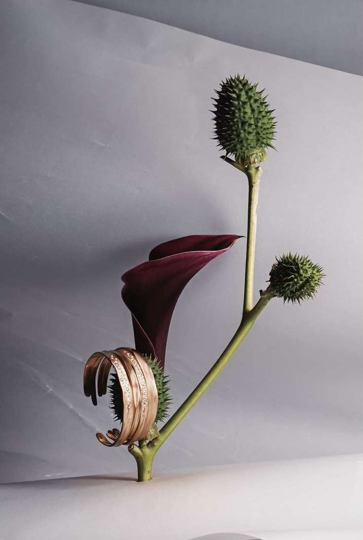 Botanical still life featuring a copper-toned bracelet displayed alongside a dark purple calla lily and spiky green datura seed pods.