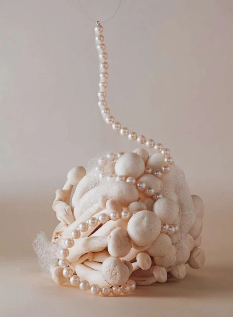 Still life of white oyster mushrooms adorned with pearl necklaces and artificial snow, set against a plain off-white background.