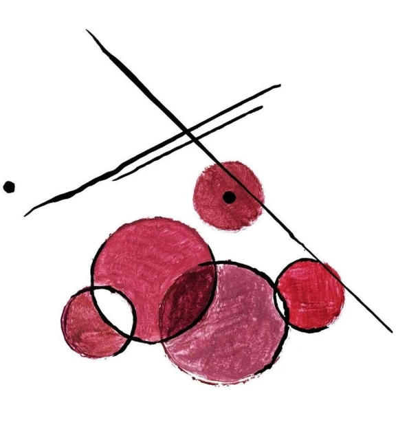 Abstract painting with circles, lines, and dots in shades of red and black on a white background, created with art and painting techniques.