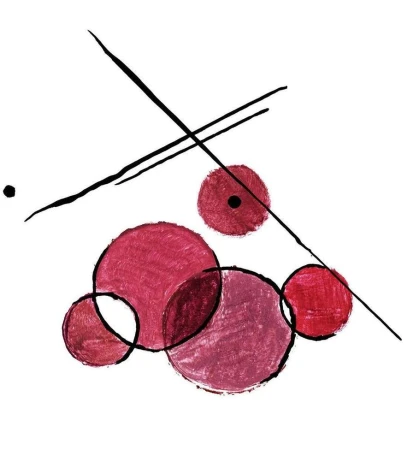 Abstract painting with circles, lines, and dots in shades of red and black on a white background, created with art and painting techniques.