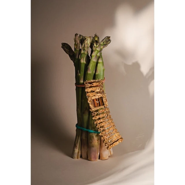 Bundle of fresh green asparagus spears tied with rubber bands and decorated with a lattice-like design against a light beige background.