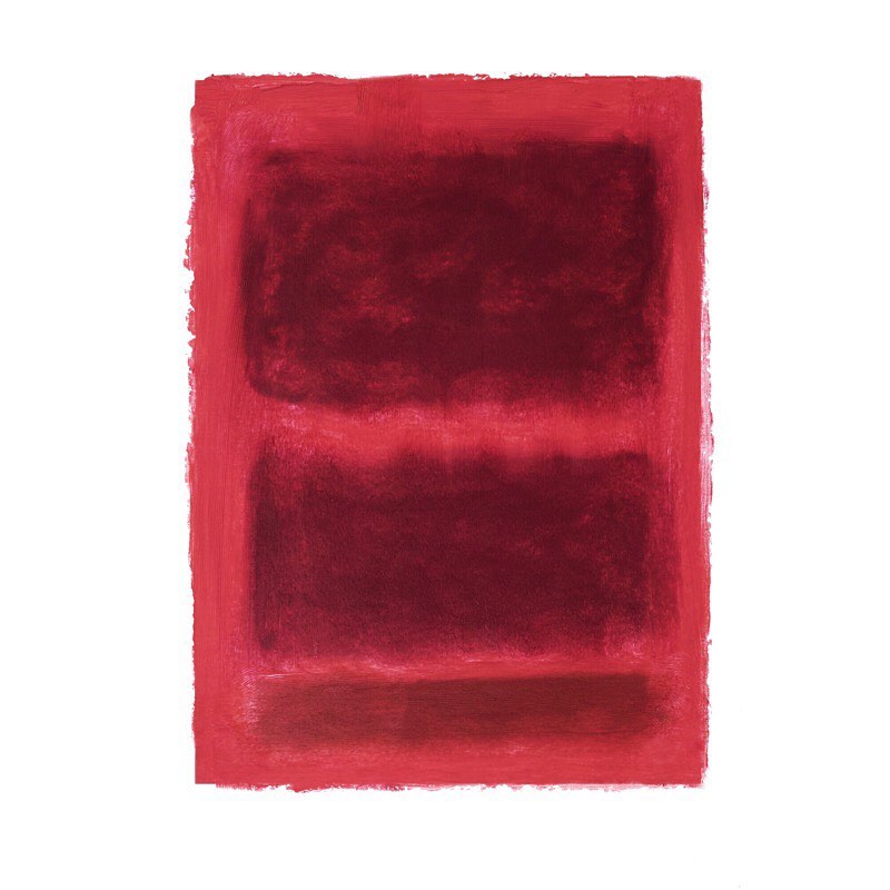 Abstract expressionist painting featuring blocks of maroon and red tones in horizontal layers on an off-white canvas backdrop.