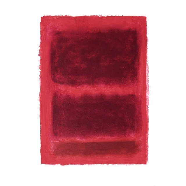 Abstract expressionist painting featuring blocks of maroon and red tones in horizontal layers on an off-white canvas backdrop.