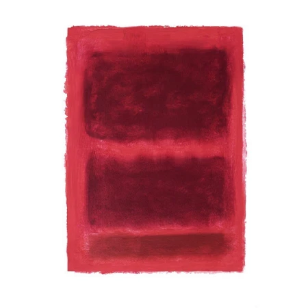 Abstract expressionist painting featuring blocks of maroon and red tones in horizontal layers on an off-white canvas backdrop.