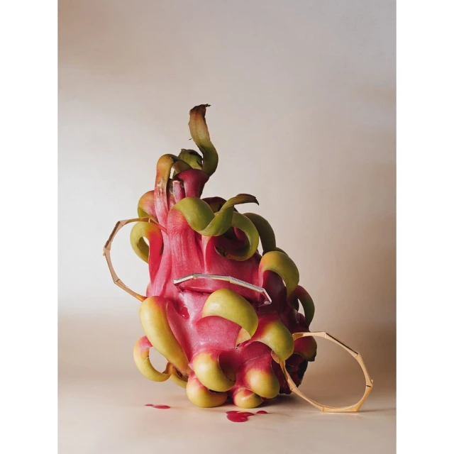 Close-up studio shot of a halved pitaya or dragon fruit with tendrils, a broken glass shard, and a gold bracelet on a cream background.