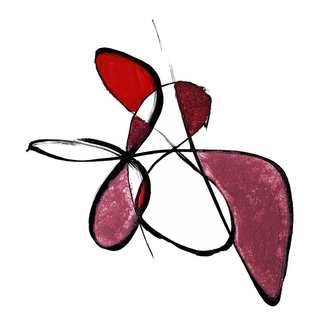 Abstract painting with bold brushstrokes and shapes in red and purple on a white background, creating a modern art piece.