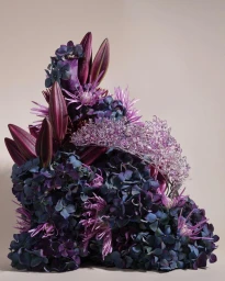 An elaborate sculptural floral arrangement in deep purples and blues with crystal embellishments on a neutral background.