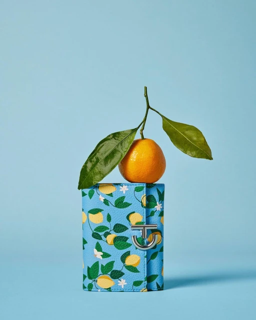 A bright tangerine with leaves rests on a blue wallet printed with lemons and flowers against a baby blue background in a studio setup.