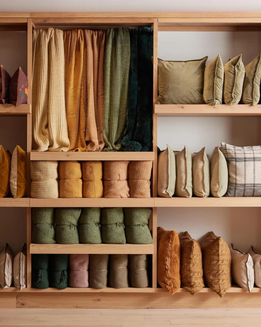 Wooden shelves filled with rolled blankets and decorative throw pillows in a variety of colors and textures, home decor.