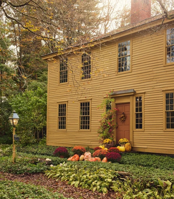 Exterior of a mustard-yellow American colonial-style house surrounded by autumn flowers, green plants, and trees under an overcast sky.