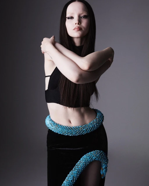 Portrait of a woman in a black top and skirt with a turquoise snake prop wrapped around her body, posing against a grey backdrop.