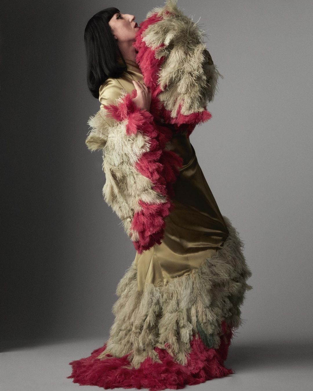 Adult female fashion model poses in full-length studio shot, wearing gold gown embellished with light and dark pink feathers, studio lighting.