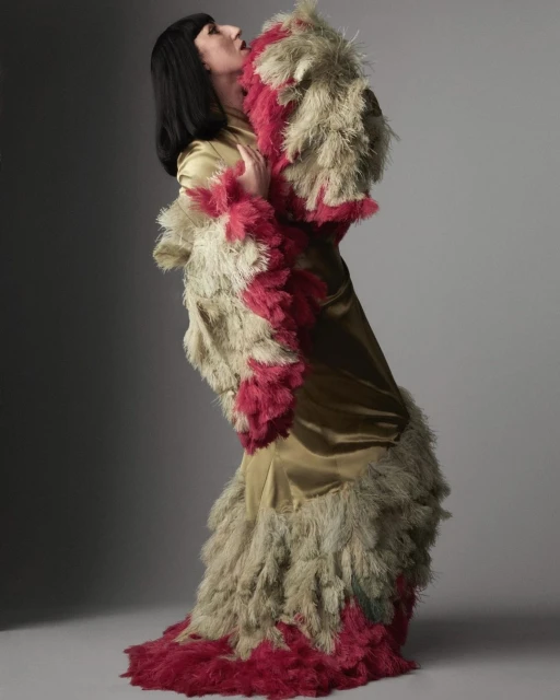 Adult female fashion model poses in full-length studio shot, wearing gold gown embellished with light and dark pink feathers, studio lighting.