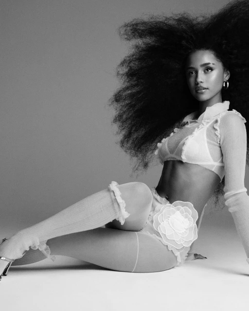 Studio shot of a woman with large Afro wearing lingerie and heels, sitting on the floor against a grey background. Fashion photography.