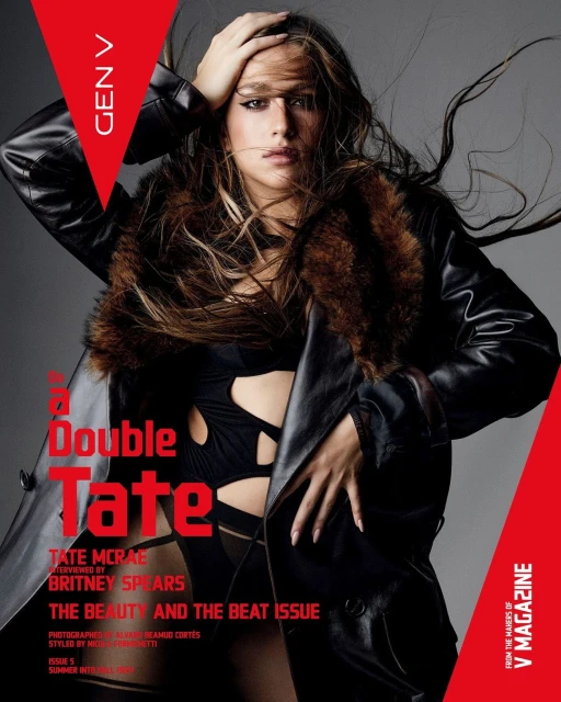 V Magazine cover featuring Tate McRae in a black leather coat with fur collar, hands near her head, and red and white text elements.
