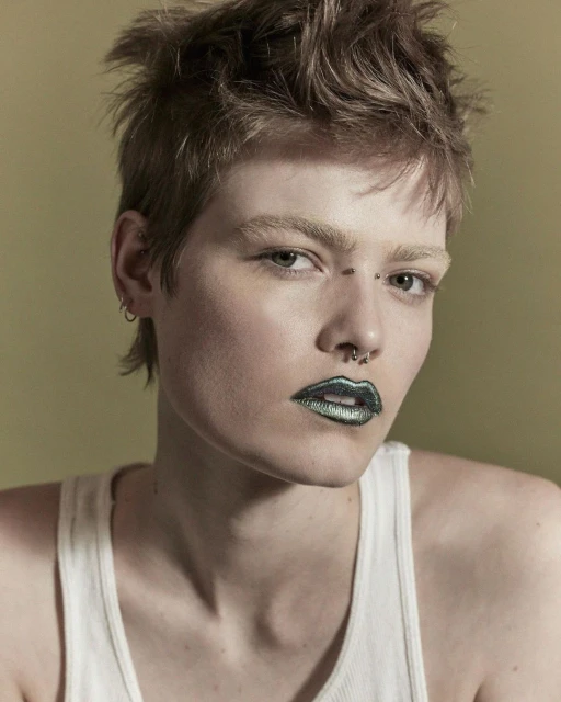 Close-up portrait of an adult woman with short brown hair, fair skin, nose and eyebrow piercings, and metallic green lipstick against a tan background.
