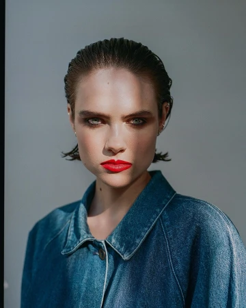 Close-up portrait of a woman with slicked-back dark hair wearing a blue denim jacket and bold red lipstick against a plain backdrop.