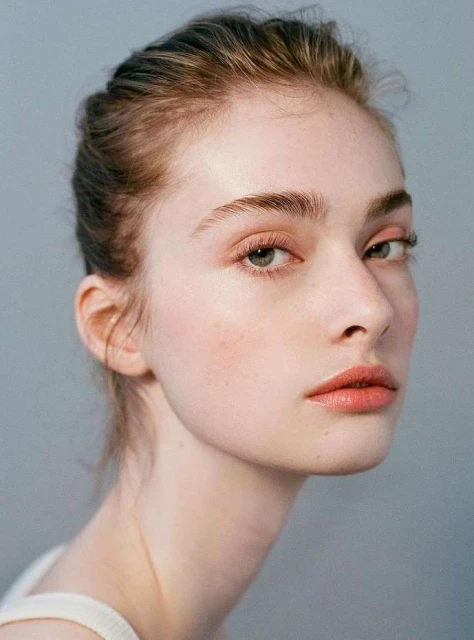 Close-up portrait of a fair-skinned adult female with light brown hair styled up, subtle makeup, and a serious facial expression.