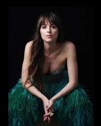 Portrait of Dakota Johnson with bangs wearing a feather skirt and embellished top against a black background.