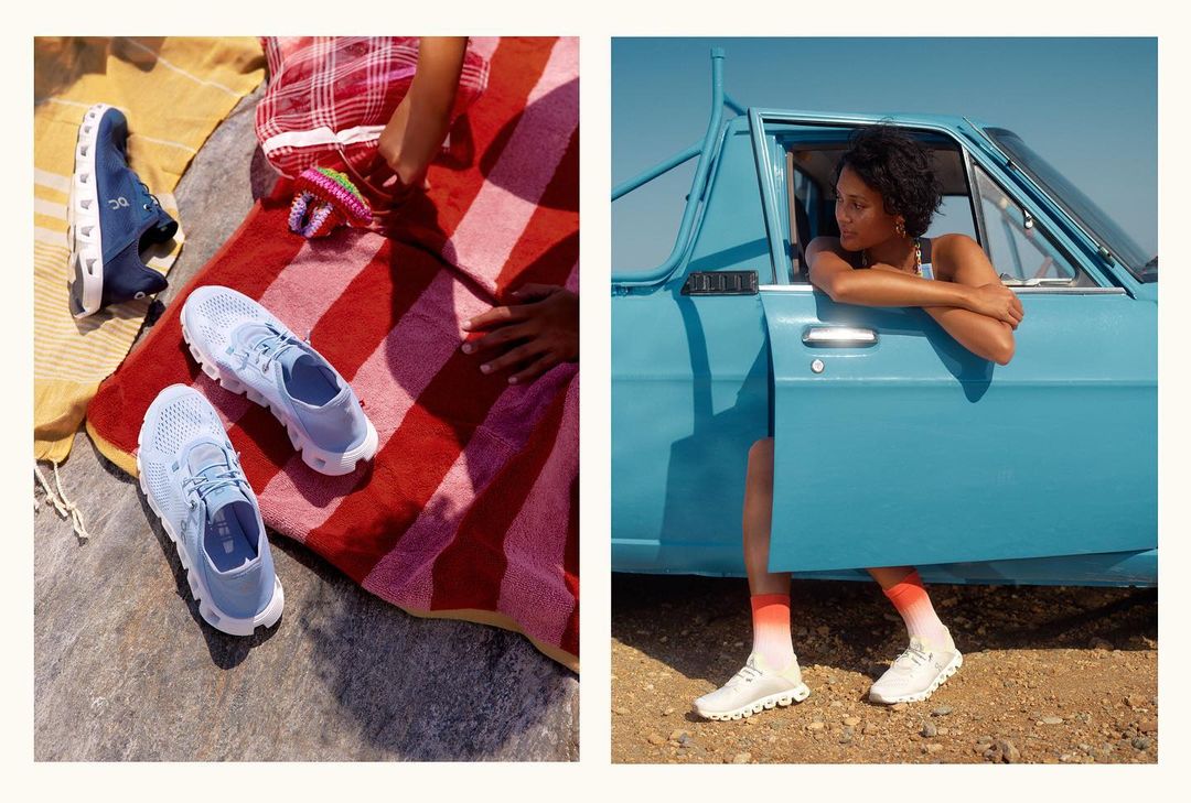 Split image: blue running shoes on a sandy towel with a red striped towel and a child and a woman in a turquoise car on dirt.